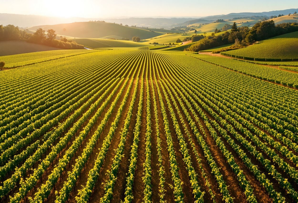 Aerial view of Sonoma vineyard NDVI health contrast on September 1, 2025 A drone‑shot aerial photograph showing neatly organized vineyard rows in Sonoma County on September 1, 2025, with vibrant green zones indicating healthy vines and yellow‑brown patches showing stressed areas, under warm morning light and clear skies.