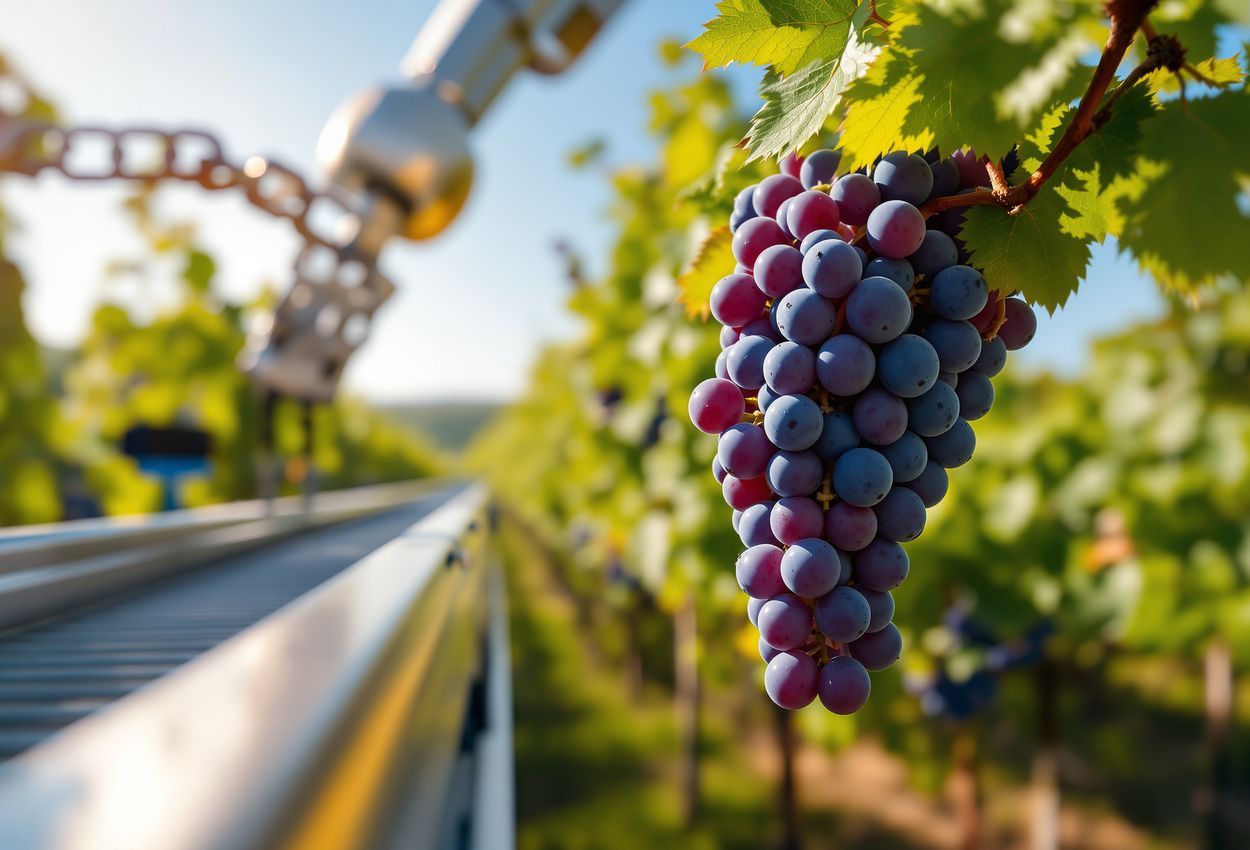 Robotic Grape Harvest in Bordeaux Vineyard September Morning Close‑up photograph of a robotic harvester gently plucking ripe grapes in a Bordeaux vineyard on a clear autumn morning, showing detailed textures of the fruit, metal machinery, and vine rows under warm directional light.