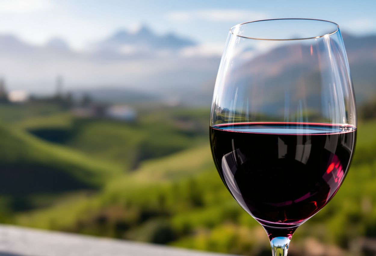 A close‑up photograph of a glass of deep‑colored Mendoza Malbec held against softly lit vineyards and distant Andes peaks. The image highlights the wine’s rich hue, clarity, and texture, set on a cool, clear early spring morning.