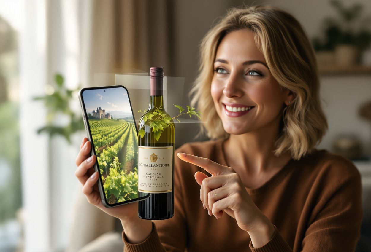 Mid‑afternoon scene of a woman exploring a vineyard AR app on her phone in a refined living room A middle‑aged woman in a cozy, softly lit living room holds her smartphone aimed at a wine bottle. On the phone screen, a virtual vineyard tour unfolds. Her expression of wonder, detailed textures of velvet upholstery, embossed label, and warm daylight all convey immersive, aspirational luxury.