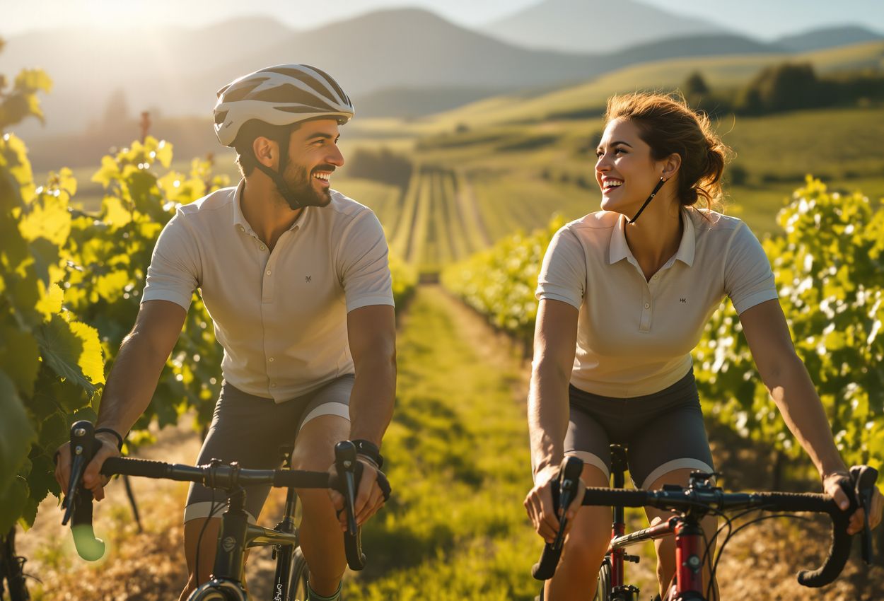 Two cyclists riding through lush springtime vineyards of Famiglia Zuccardi near Mendoza, Argentina, with the snow‑dusted Andes mountains in the distance; warm morning light accentuates vineyard textures, cyclists’ expressions, and the expansive landscape in vivid detail.
