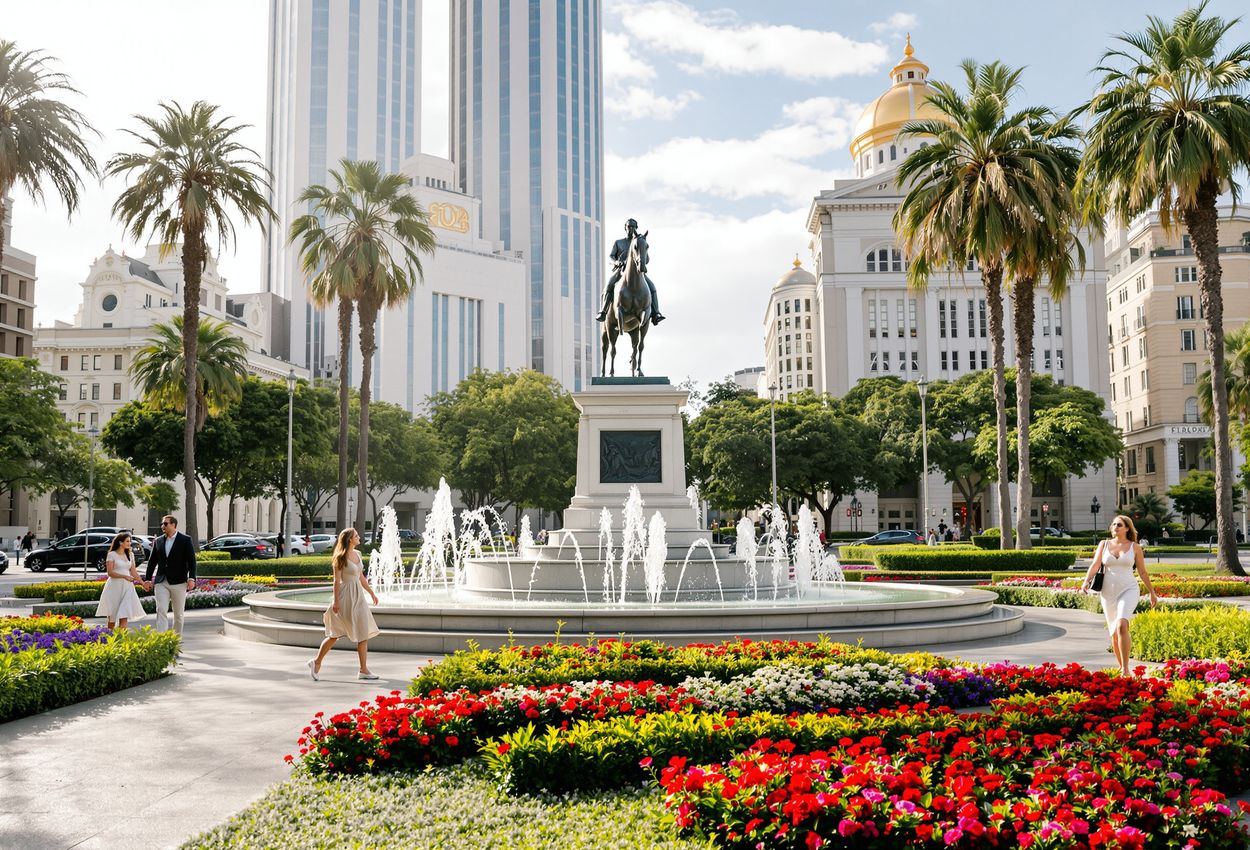 A daylight photograph of Montevideo’s Plaza Independencia: the central equestrian statue of José Gervasio Artigas, fountains and French‑style gardens, flanked by Solís Theatre, Palacio Salvo and Estévez Palace, with people strolling in soft natural light.