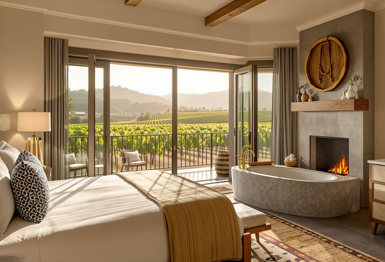 Interior of a luxurious guest room at Four Seasons Resort Napa Valley. A king‑size bed with a live‑edge headboard and fireplace occupy the foreground. Through the private balcony, sunlit rows of vineyards stretch into the distance under mid‑morning light.