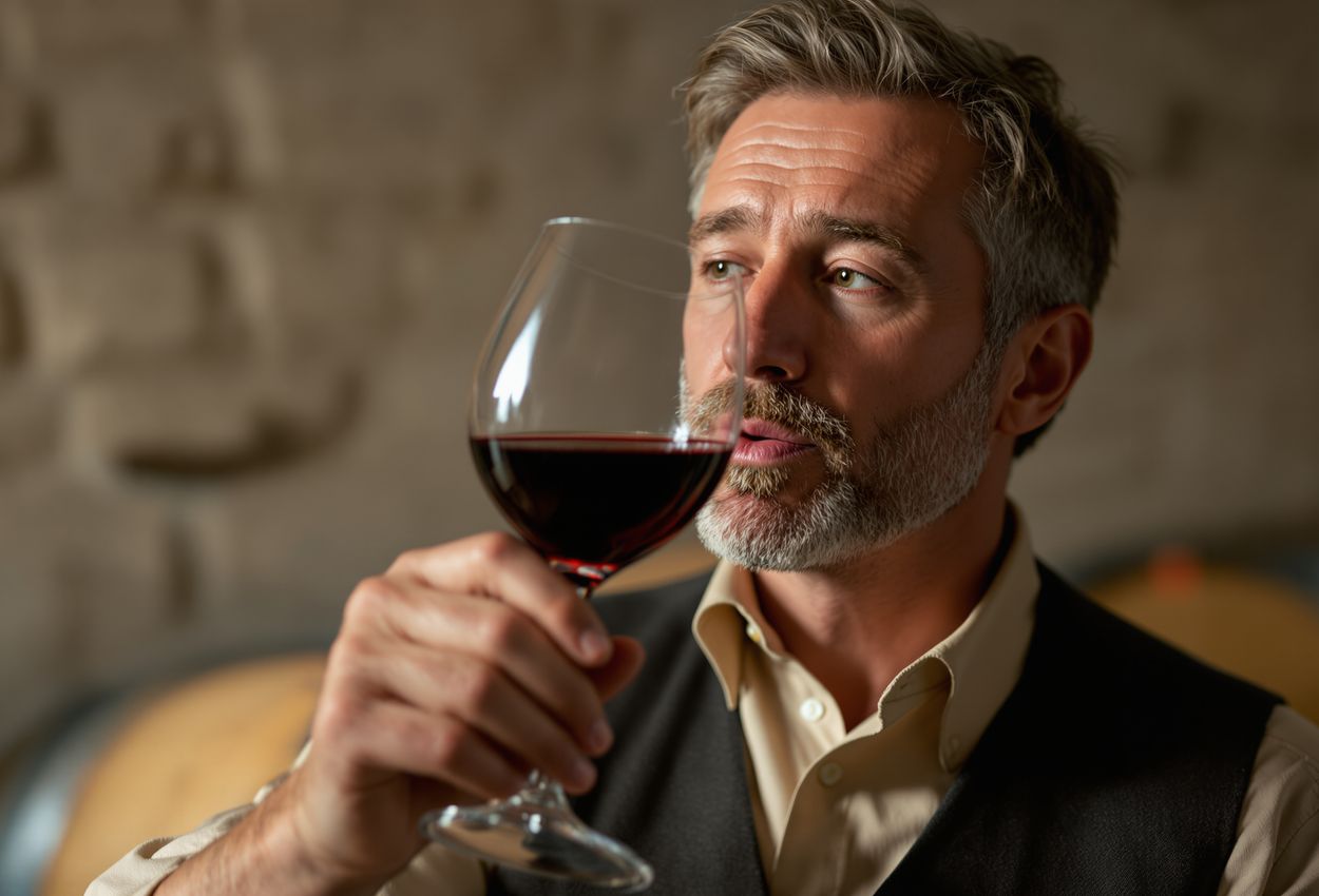 A close‑up view of an experienced winemaker gently swirling a glass of deep red Burgundy wine in a dimly lit cellar, with detailed textures of his hands, face, oak barrels, and stone walls captured in a rich, atmospheric scene.