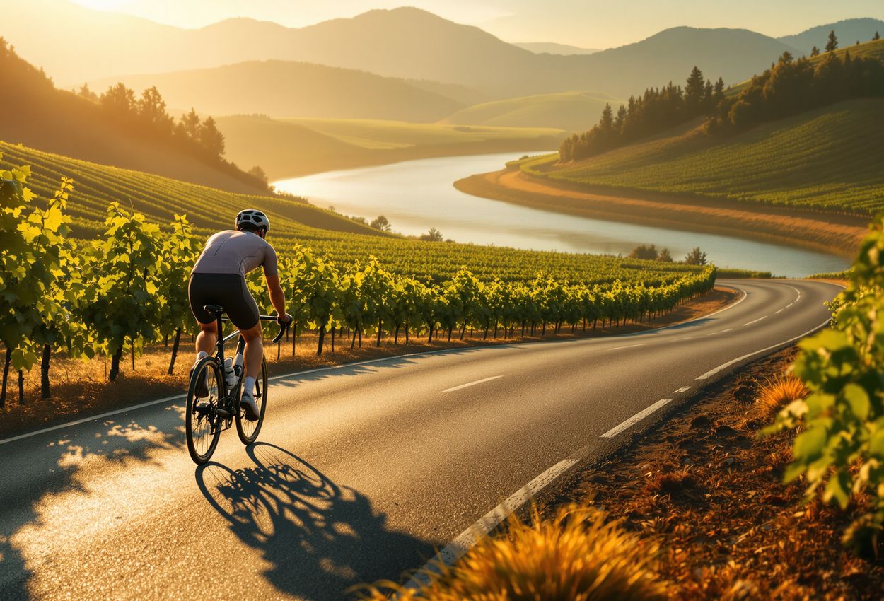 A serene landscape photo showing a cyclist riding along a winding road through sunlit Sonoma County vineyards toward the shimmering Russian River, bathed in soft morning light and rich natural textures.