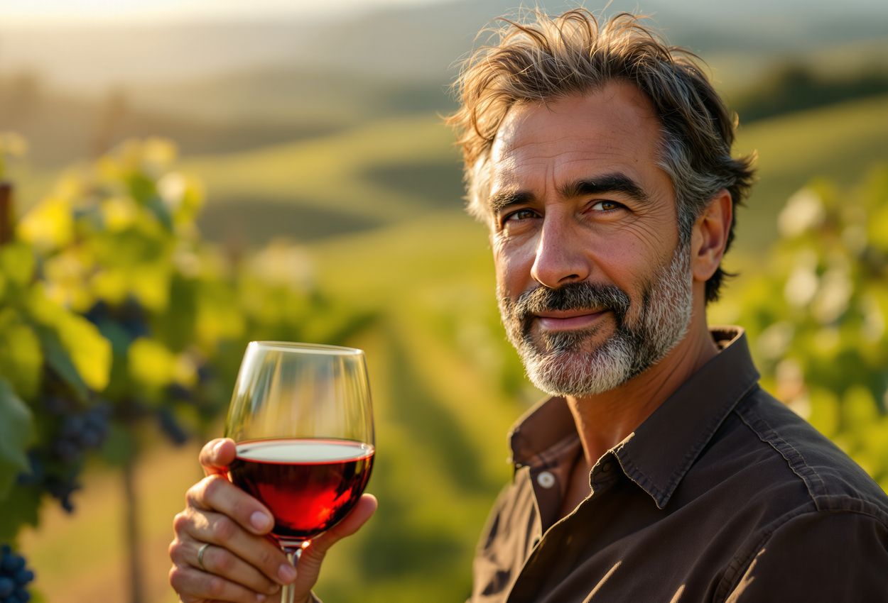 Close‑up portrait of a middle‑aged male winemaker standing in a sun‑lit Tuscan vineyard on April 13, 2025, holding a glass of red Sangiovese, with visible facial texture and warm natural light.