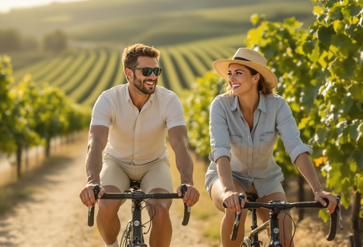 A cyclist and a winemaker ride side by side along a vineyard road under soft golden sunlight. They are smiling and talking, with grapevines stretching into the distance under a warm August sky. The scene highlights the tactile details of skin, clothing, foliage, and earth in a natural, realistic composition.