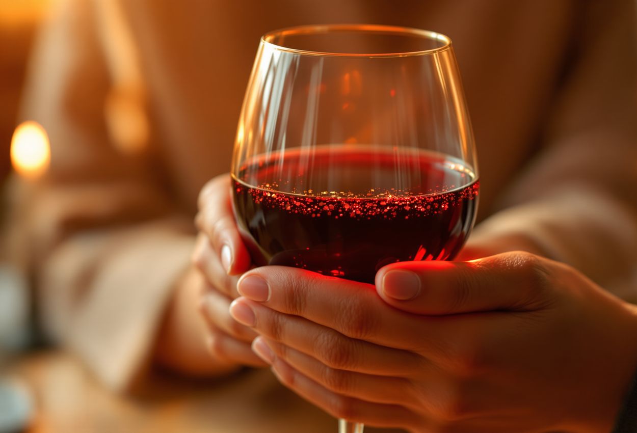 A hyper‑realistic close‑up photograph of a person’s hands gently holding a wine glass, warm golden light shining through the clear red wine, background softly blurred in warm tones to evoke a cozy, intimate mood.