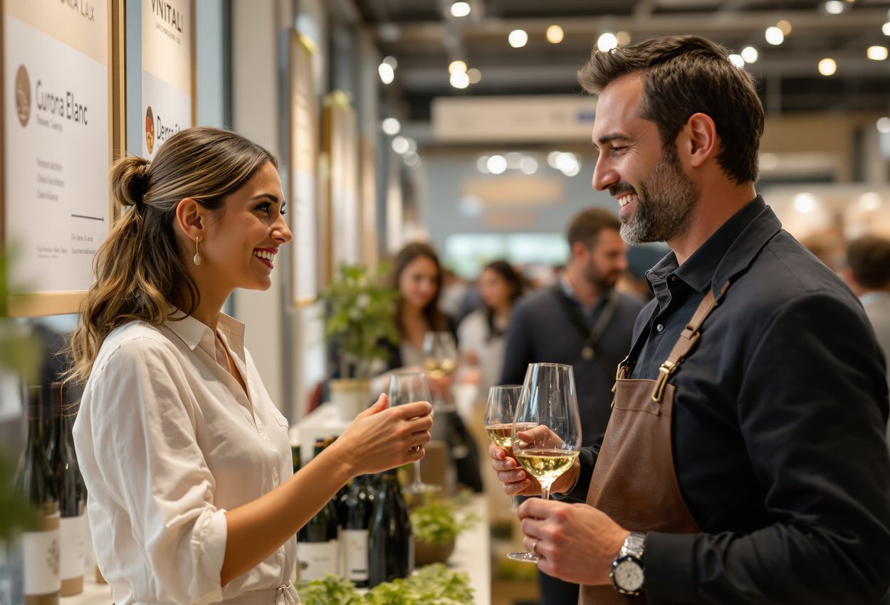 A naturally lit interior scene of the Vinitaly Bio section in Verona, showing producers and attendees sampling certified organic and biodynamic wines amid textured wooden displays and visible certification labels, conveying sustainability and artisanal winemaking.
