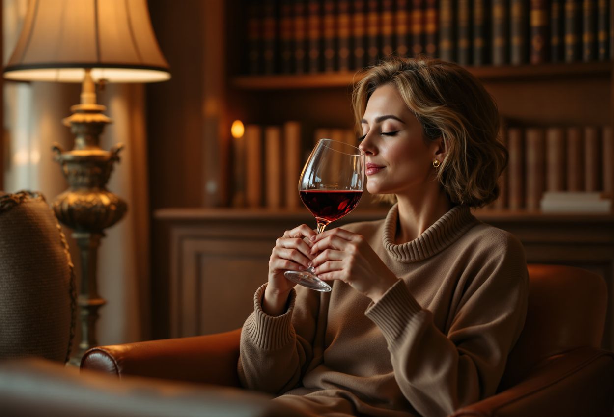 A warmly lit scene showing a person in a comfortable chair, eyes closed as they smell a glass of wine, with soft lamp light and a bookshelf in the background, evoking calm and relaxation.