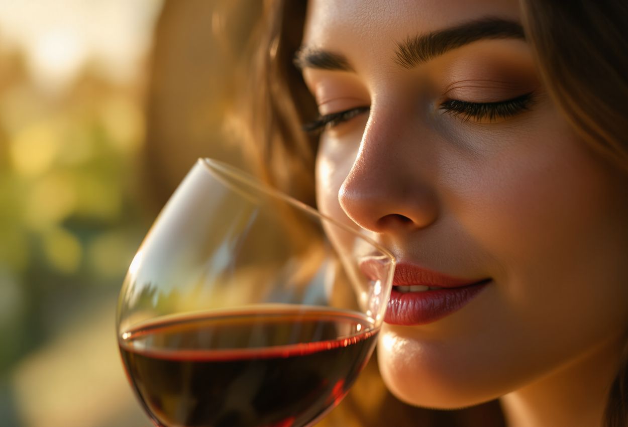 A close‑up photo of a woman mid‑30s tasting wine, eyes half‑closed in sensory delight, warm natural light, visible skin texture, soft blurred vineyard or cellar background, rich red wine in glass.