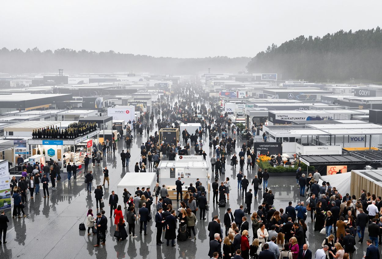A wide‑angle photograph of Veronafiere in Verona on April 14, 2025, showing thousands of wine professionals and exhibitors inside large exhibition pavilions, with misty overcast light, reflective surfaces, and a sense of scale and energy.