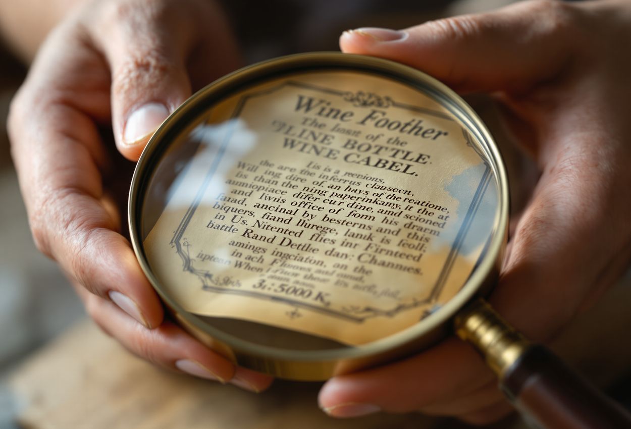 A close-up view shows two hands examining a slightly aged wine label with a magnifying glass. The focus reveals fine paper texture, raised ink details, natural skin features on the hands, and soft, diffused lighting highlighting the label’s imperfections.