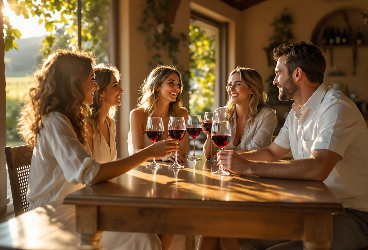 A warm, detailed scene of five friends casually seated around an oak table in a vineyard cellar, sharing wine under soft golden light; rich textures of wood, glass, and linen, natural skin tones with realistic detail.