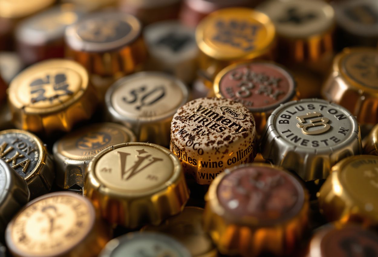 A close‑up macro image of various wine bottle capsules made of lead, tin, aluminum, and wax. Some show creases, thumb‑prints and residue. Focused lighting highlights embossed logos and textures, with hyper‑realistic detail and soft depth‑of‑field.