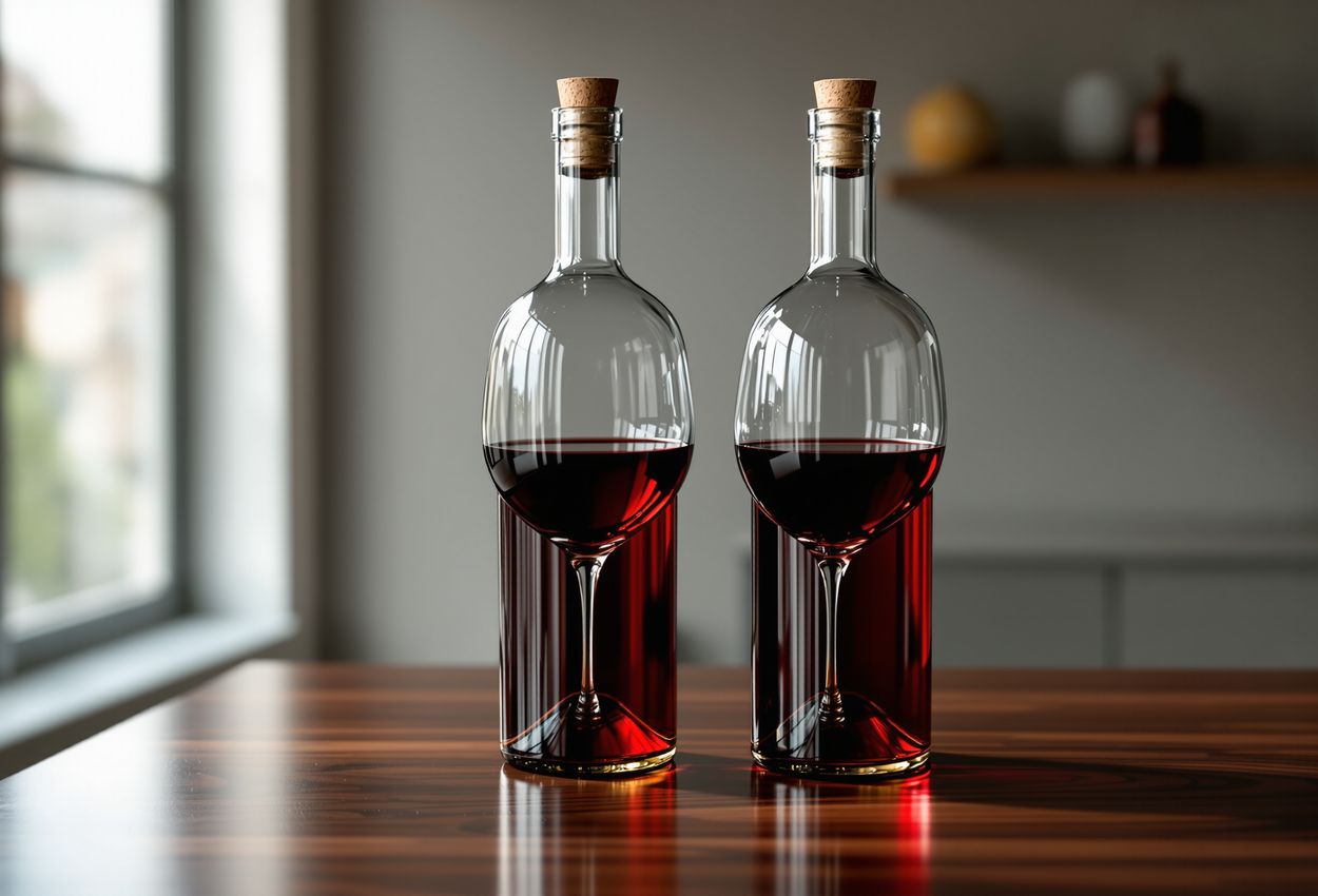 Photo showing two wine bottles on a dark wooden surface lit by bright daylight: one filled to the brim, the other with wine 3 to 10 millimeters below the cork, with sharp glass reflections and detailed cork texture.