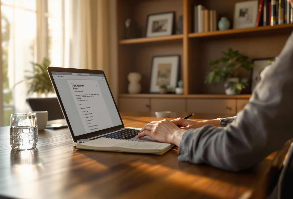 A woman seated at a wooden desk in a softly lit home office, typing on a laptop showing a fraud reporting form. The room features bookshelves, warm ambient light, and realistic textures conveying a sense of calm and trust.