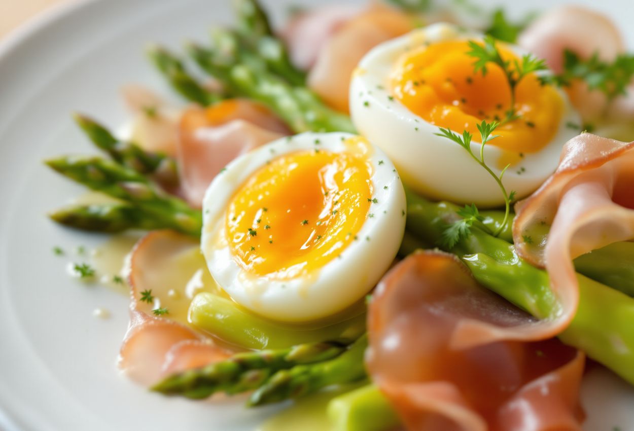 Asparagus Salad with Soft‑Boiled Eggs and Jambon de Bayonne Macro Food Photo Close‑up of a vividly green asparagus salad with runny‑yolk soft‑boiled eggs and thinly sliced rosy Jambon de Bayonne artfully arranged on a white plate, showcasing fresh textures and elegant presentation.