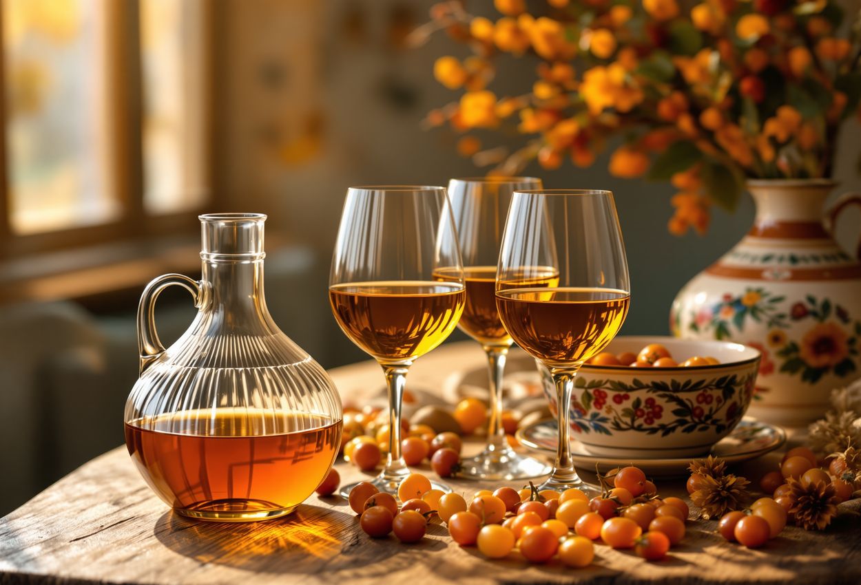 A photograph of Georgian amber wines in glassware and clay pottery on a weathered wooden table, lit by warm afternoon light that emphasizes golden hues, rich textures, and artisanal character.