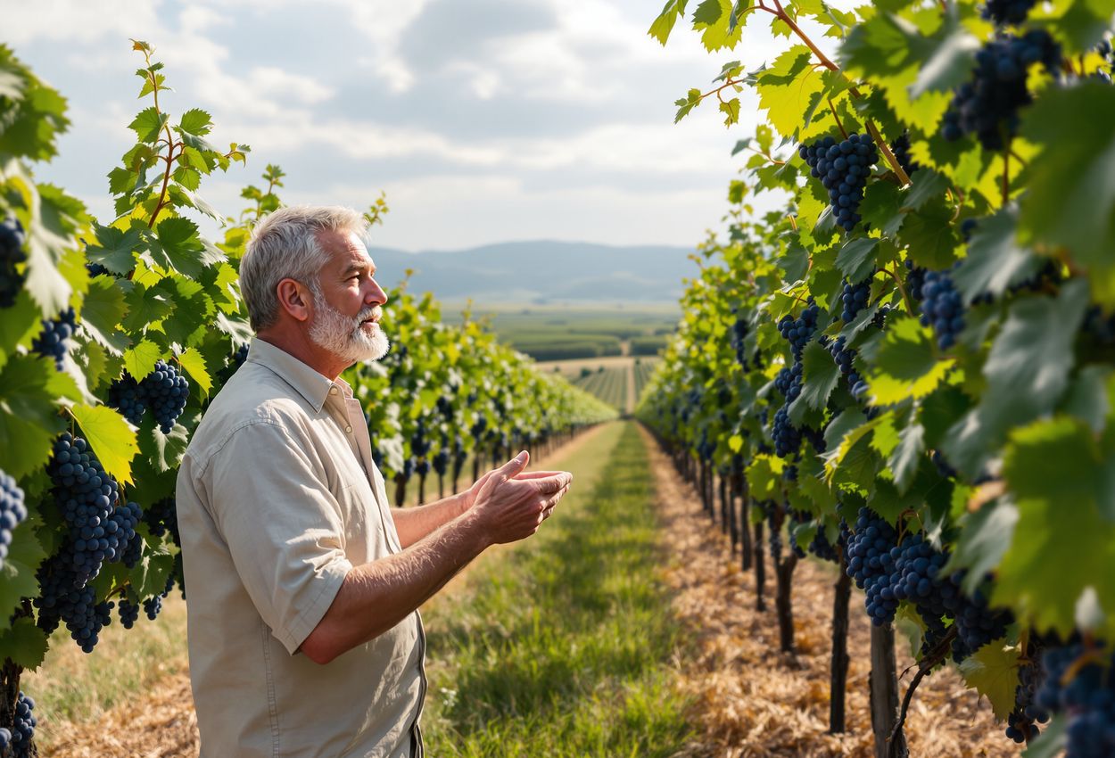 A candid scene shows a middle‑aged Georgian winemaker explaining vine care and natural wine traditions to three attentive tourists among sunlit grapevines on a late‑September day, highlighting textures of grapes, linen clothing, and vineyard terrain.