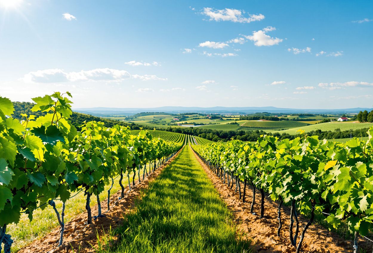Buzet Istria Vineyard Panorama in Early Summer A hyper‑realistic landscape photograph showing green vineyard rows in Buzet, Istria, Croatia on a warm clear summer day, with terraced clay‑limestone soil textures and rolling hills under soft daylight.