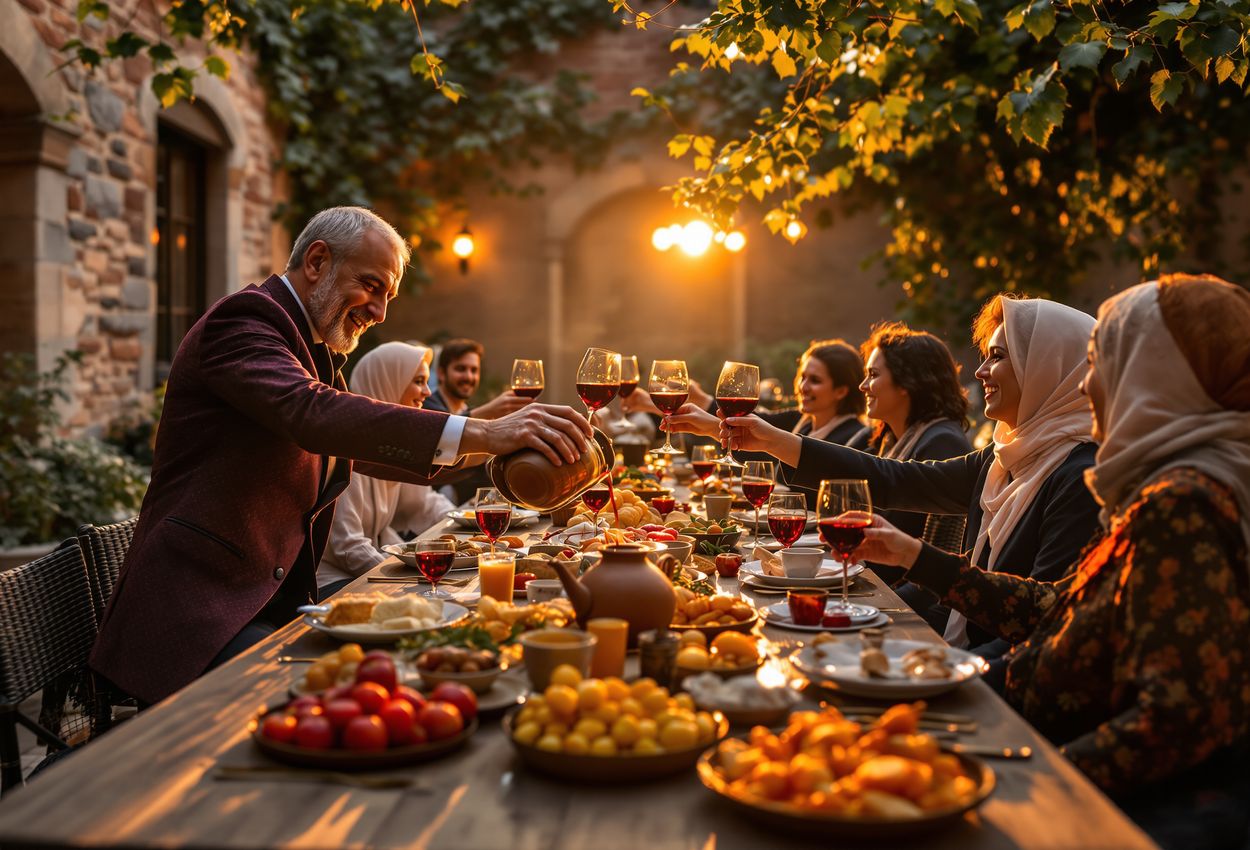A long wooden table set in an ivy‑covered Georgian courtyard at sunset, with a dignified toastmaster pouring red wine from a clay urn while elegantly dressed guests raise glasses amid platters of traditional dishes, captured in warm, hyper‑real detail.