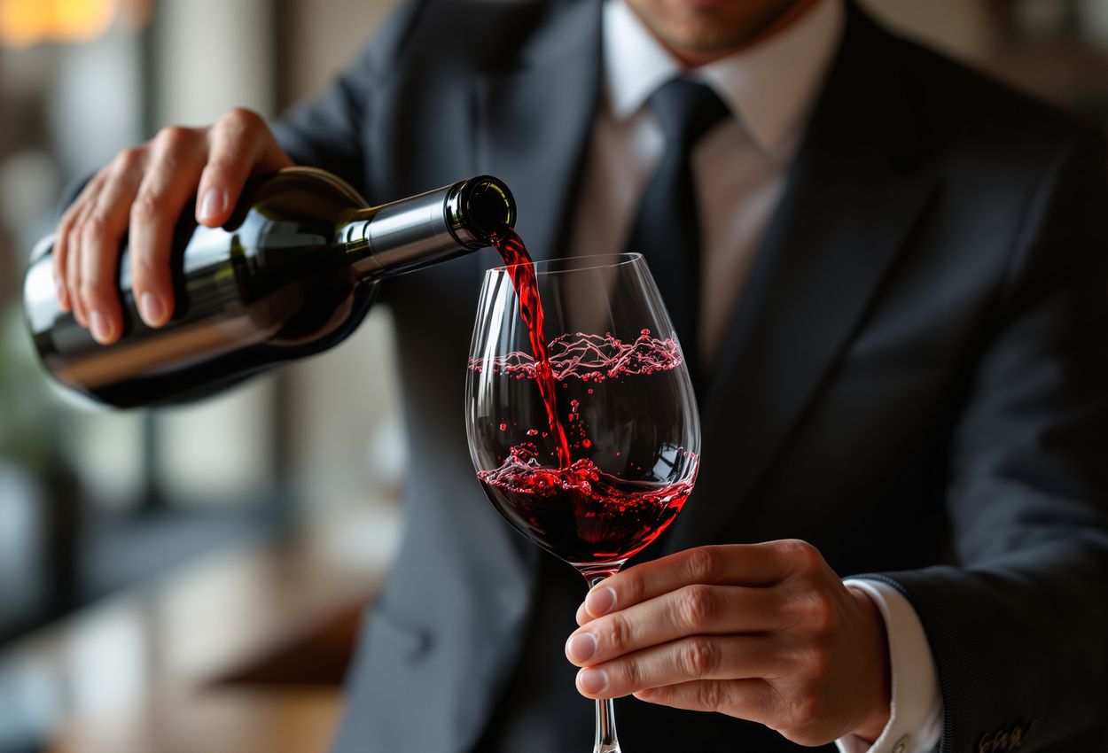 Close‑up image of a sommelier in professional attire pouring deep ruby‑red Georgian wine into a glass, with focus on the rich liquid, his hands, soft diffused lighting, and background blurred to create an intimate, detailed scene.