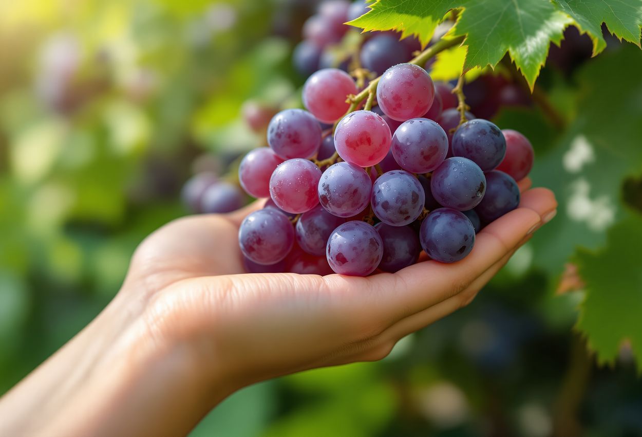 Macro Close‑Up of Dew‑Kissed Grapes Held in Hand in Lush Garden A highly detailed, natural‑light macro photo of a hand gently holding a cluster of freshly picked grapes with water droplets, set against a softly blurred green garden background.