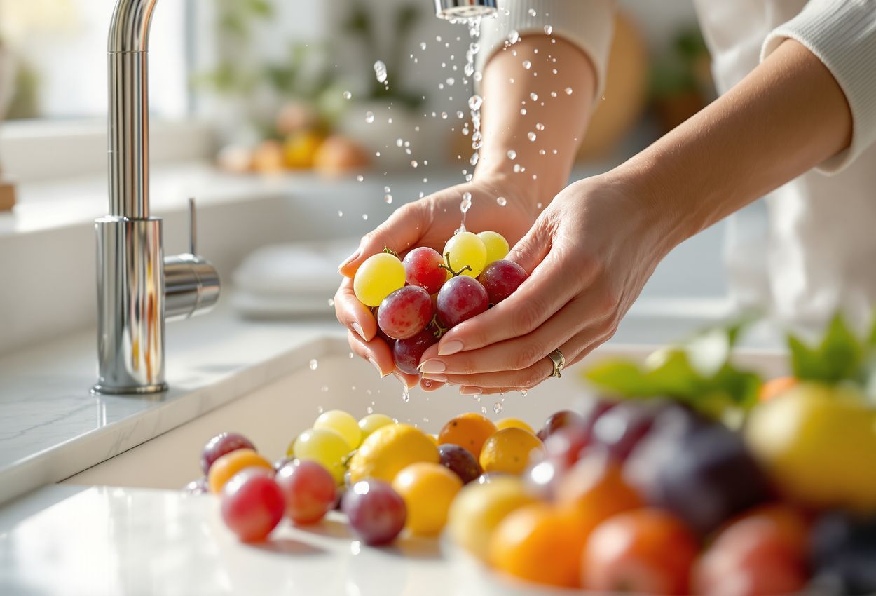 Woman’s hands washing grapes on marble countertop in bright modern kitchen Close‑up of a person’s hands washing grapes under natural window light on a white marble kitchen counter, with water droplets, a bowl of fresh fruit, and a softly blurred modern kitchen in the background.