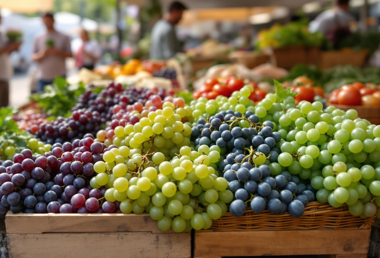 Editorial farmers market comparison of organic and conventional grapes in natural morning light A vivid, hyper‑realistic photograph showing vibrant plump organic grapes beside slightly blemished conventional grapes at a farmers’ market stall, with textured wooden crates, fresh produce, and softly lit shoppers in the background.