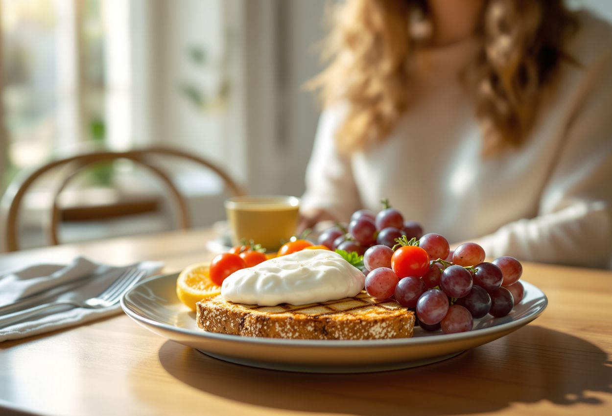 Woman enjoying a nutritious balanced meal featuring grapes in a sunlit dining room A bright dining room scene shows a woman reaching for grapes next to a balanced meal of fruit, yogurt, whole‑grain toast and lean protein, bathed in natural soft daylight, conveying health and everyday luxury.