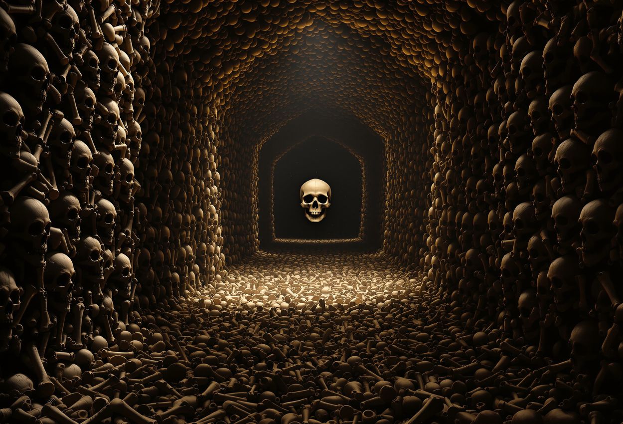 A dimly lit view inside the Catacombs of Paris, showing neatly stacked human bones and skulls in symmetrical patterns, illuminated by a solitary spotlight that creates deep shadows and highlights texture and scale.