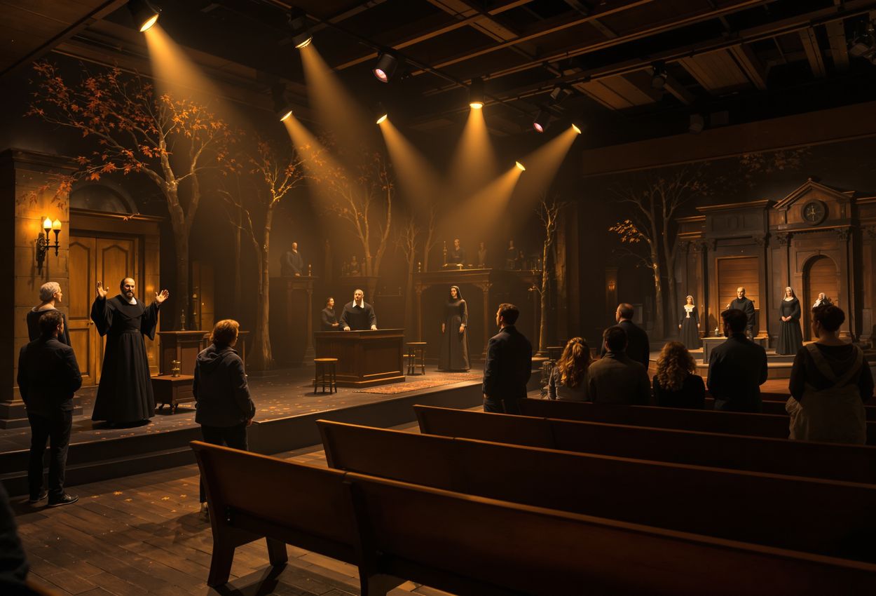A photographic scene of an exhibit in the Salem Witch Museum showing life‑size diorama sets of the witch trials and visitors watching in thoughtful silence, under warm accent lighting and layered depth, conveying historical immersion.