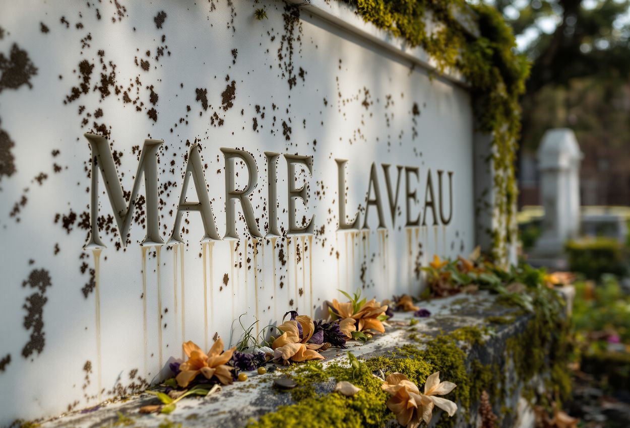 Close‑up portrait of Marie Laveau’s tomb in St. Louis Cemetery No. 1, showing the carved inscription, X‑shaped wax and candle marks, wilted flowers, beads and coins in textured detail under warm soft light, conveying reverence and spirituality.