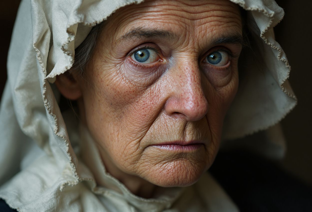 Close‑up 3:2 landscape portrait of a sorrowful, resilient woman from 1692 colonial Massachusetts. She wears simple Puritan attire—dark wool dress, linen fichu and bonnet. Her face, marked by grief, determination, freckles and pores, is softly lit against a blurred colonial interior, evoking empathy and historical gravity.