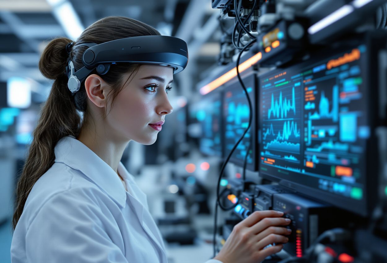 A researcher in a lab coat and specialist headgear, illuminated by cool blue LED lighting, studies data on glowing screens connected to a Brain‑Computer Interface with quantum sensors. The foreground features the researcher and equipment in sharp focus, with the rest of the high‑tech lab softly blurred.