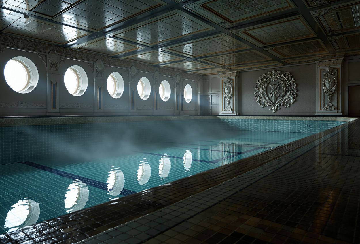 Interior night view of the drained first‑class swimming pool aboard the historic RMS Queen Mary in Long Beach. Moonlight filters through portholes onto ornate art‑deco mosaic tiles and mother‑of‑pearl ceiling, casting dramatic shadows over a mist‑filled, silent basin.