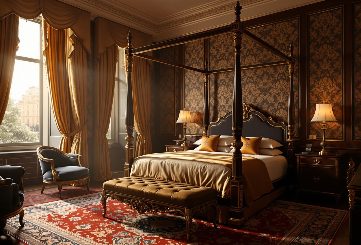 A richly detailed photograph of a Victorian‑style luxury hotel room bathed in warm late‑afternoon light, featuring plush velvet, giltwood furnishings and a subtle floating ghostly light, creating an uncanny yet elegant atmosphere.