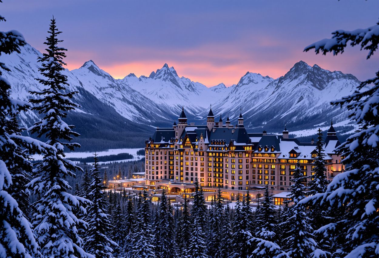 A twilight view of the snow‑dusted Fairmont Banff Springs Hotel set against darkening sky and snow‑topped mountains, with warm light glowing from its Château‑style stone façade and a faint ghostly silhouette in a ballroom window.