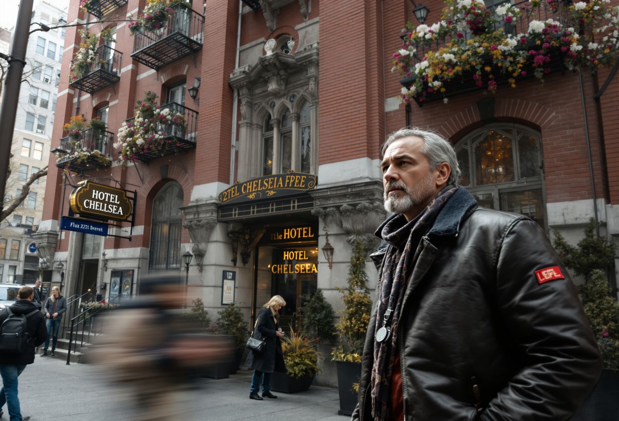 A gritty street‑style photograph of the red‑brick Hotel Chelsea in autumn, with textured façade, iron balconies, pedestrians in stylish fall attire, pavement reflections, and natural light conveying urban history and artistic atmosphere.