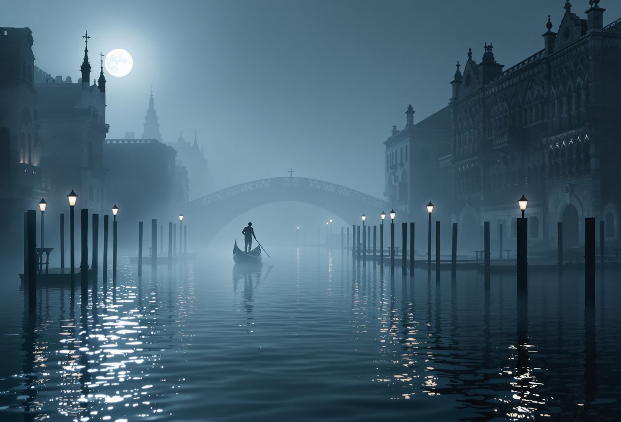 A moonlit scene of a calm Venetian canal on an autumn evening, with mist curling over water, a lone gondola pilot moving silently, and gothic and renaissance buildings faintly visible through the fog.