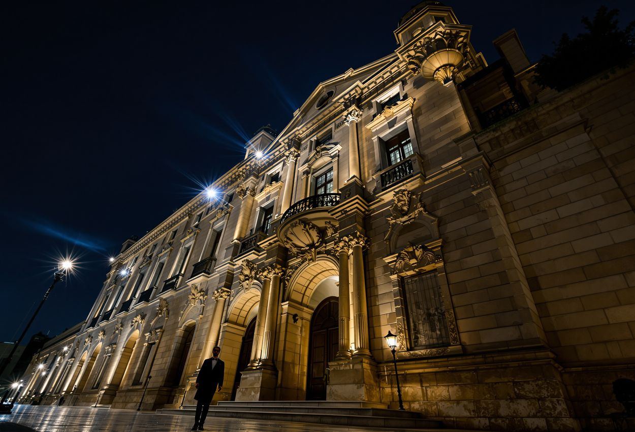 A low‑angle nighttime photograph of Valletta’s Grandmaster’s Palace, spotlit against a deep night sky. A lone man in shadow walks along the limestone façade, detailed stone textures and dramatic lighting create a mysterious and luxurious scene.