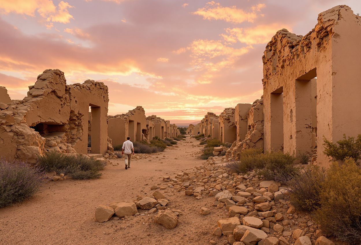 A wide‑angle landscape photograph showing a solitary figure walking among the crumbling mud‑brick buildings of Agios Sozomenos in Cyprus at sunset on October 1, 2025. The warm ochre ruins, rugged terrain, and pastel evening sky convey desolate beauty and a quiet sense of mystery.