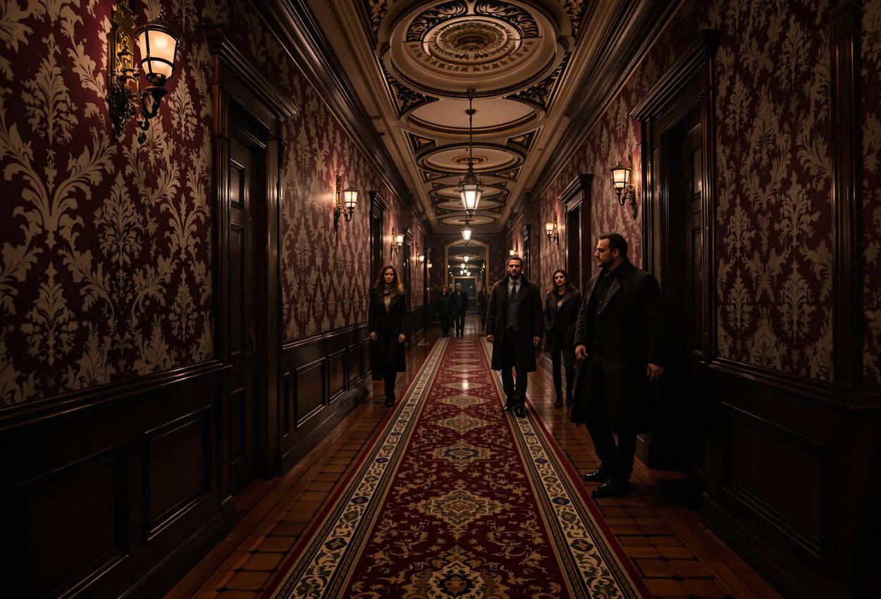 Eerie Victorian Mansion Hallway Paranormal Investigation at Night A wide‑angle night photograph of four paranormal investigators in a dimly lit Victorian mansion hallway. The lead investigator holds a softly glowing EMF meter, others hold flashlights illuminating dust motes. The rich textures of patterned wallpaper, woodwork, Persian runner, and subtle facial details convey an atmosphere of suspense and authenticity.