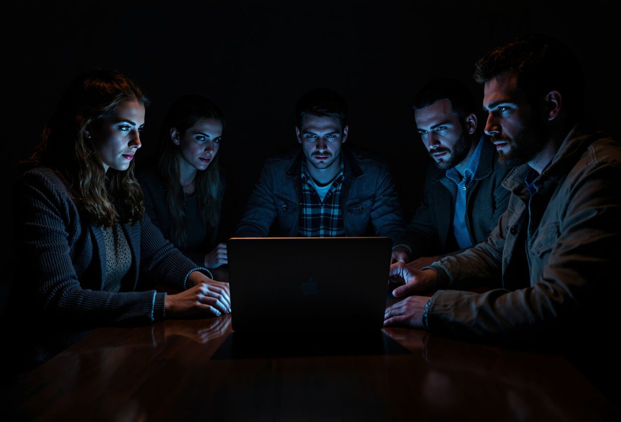 Nighttime Collaborative Paranormal Investigation Scene Around a Laptop Illuminated Table A nighttime medium‑shot photograph of five paranormal investigators gathered around a wooden table. Their faces are lit by a glowing laptop displaying EMF graphs and audio waveforms, with warm flashlight accents adding depth. The scene conveys focused collaboration under low‑light conditions, with natural skin textures and realistic attire details.