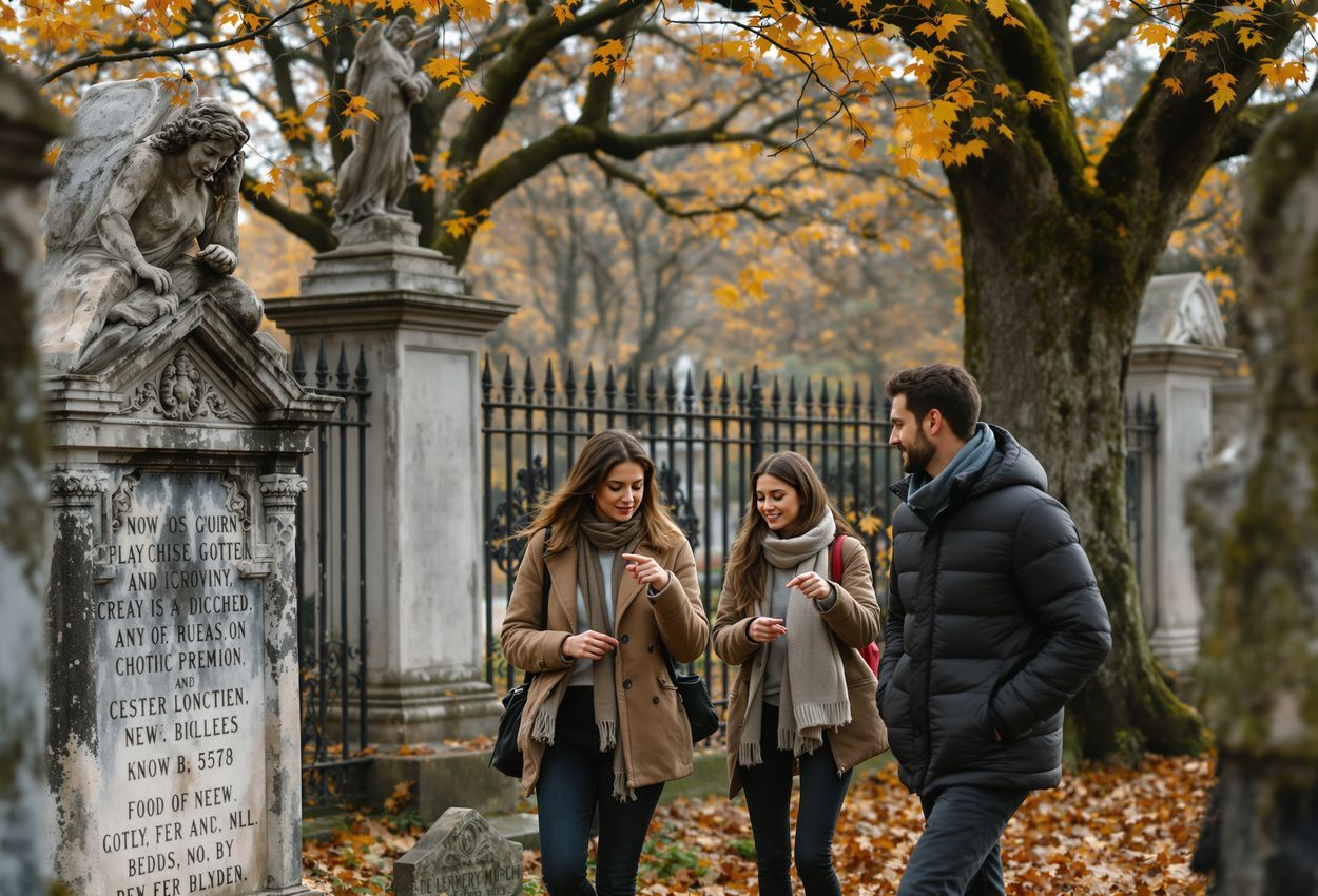 Friends Exploring Historic Cemetery on October Day in Early Autumn A landscape-format photo showing four friends walking through a historic cemetery on a crisp October day, surrounded by weathered tombstones, mossy trees with autumn leaves, soft daylight, and authentic expressions.