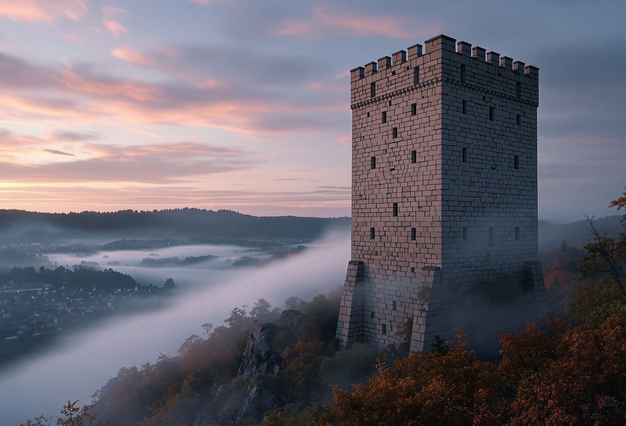 A misty evening view of Zvíkov Castle’s oldest tower, Hlízová (Markomanka), showing weathered granite blocks engraved with masons’ marks, framed by swirling low mist and cool indigo light.