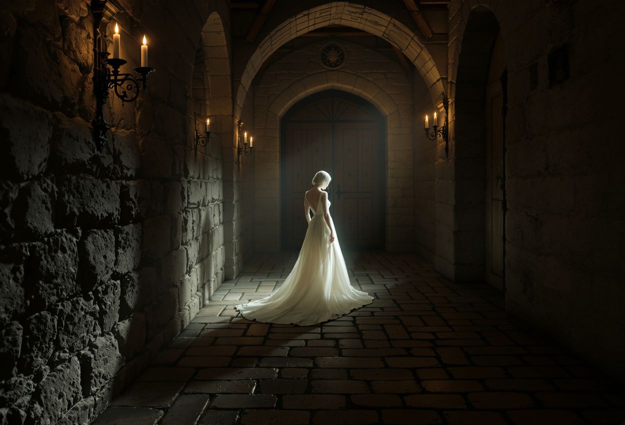 A dimly lit medieval castle corridor with rough stone walls, vaulted ceiling and a translucent woman in a flowing white gown standing in soft candlelight. The atmosphere is eerie and melancholic, with long shadows and detailed textures of worn stone and aged wood.