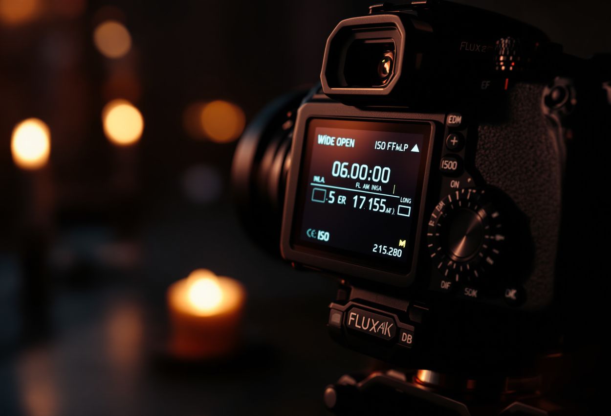 A detailed macro view of a DSLR camera’s display and control dials in manual mode for low‑light photography, mounted on a stable tripod with warm, candle‑like illumination emphasizing the technical setup.