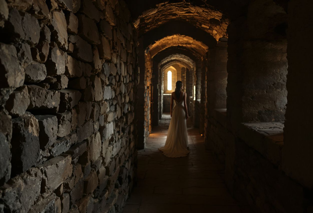 A landscape‑format photograph shows a dimly lit medieval corridor with thick stone walls and soft candlelight leading toward a blurred figure of a woman in a white dress standing at the far end.